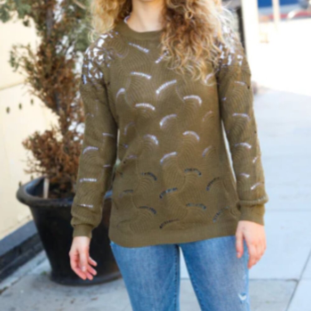 Casual Chic Olive Pointelle Lace Shoulder Knit Sweater